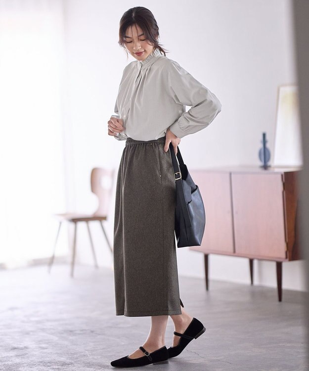 ANY スタンドネックブラウス グレーピンストライプ