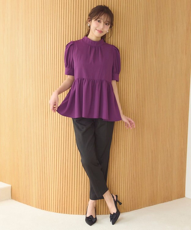 Feroux 【洗える】ペプラム ボウタイブラウス パープル系