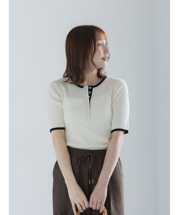 Te chichi 【UVカット】ヘンリーネック5分袖配色リブニット オフホワイト