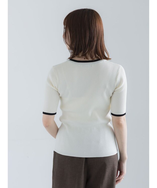 Te chichi 【UVカット】ヘンリーネック5分袖配色リブニット オフホワイト