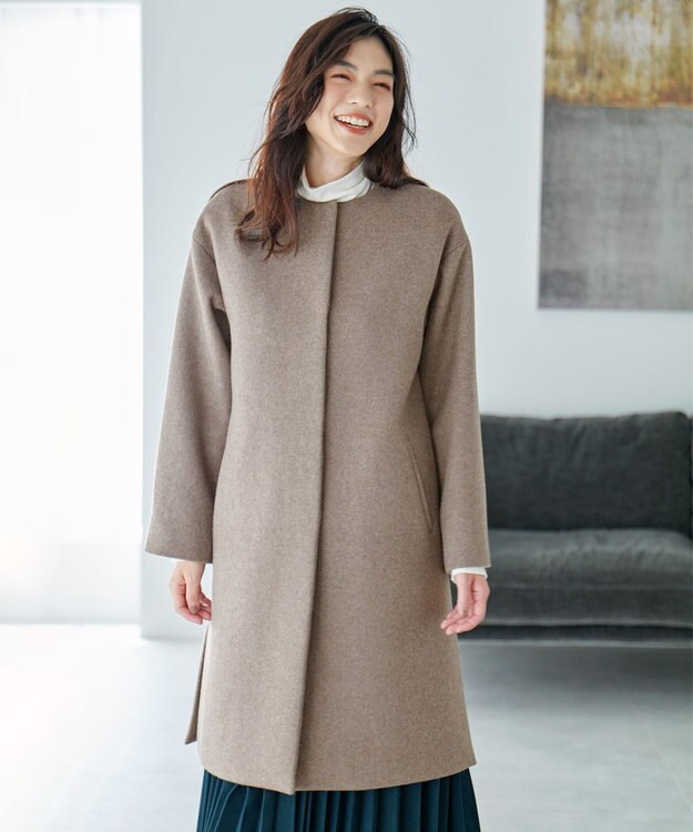 ANY 【防風裏地】ウールブレンドノーカラーコート モカ