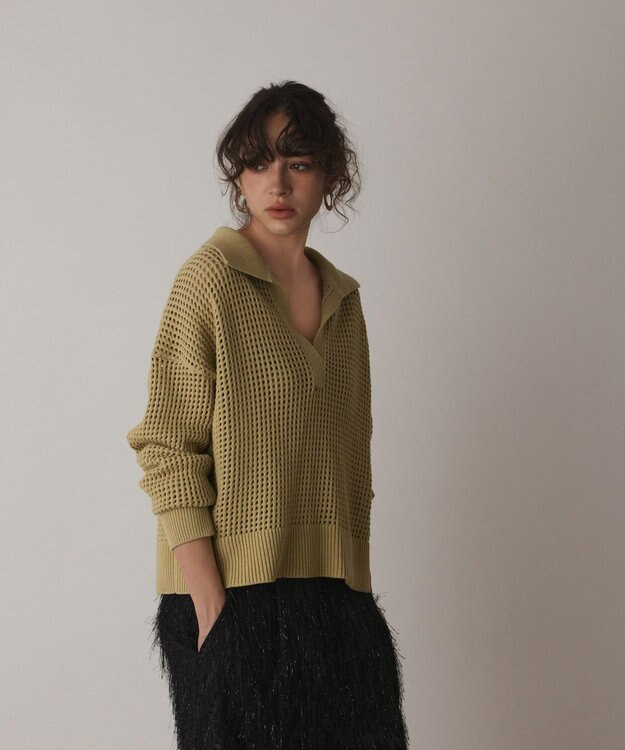 GRACE CONTINENTAL メッシュVネックニットトップ イエロー