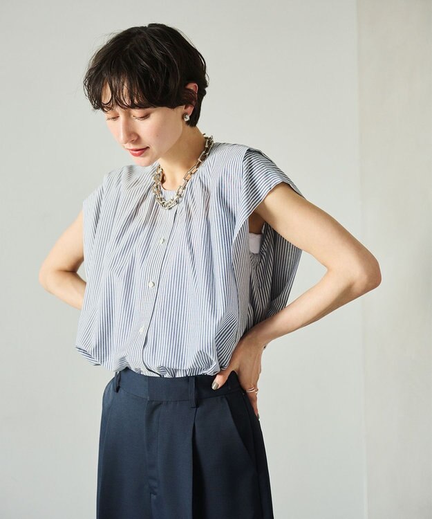 #Newans 【金子綾さんインスタライブご紹介アイテム】マルチストライプノースリーブシャツ ネイビーストライプ