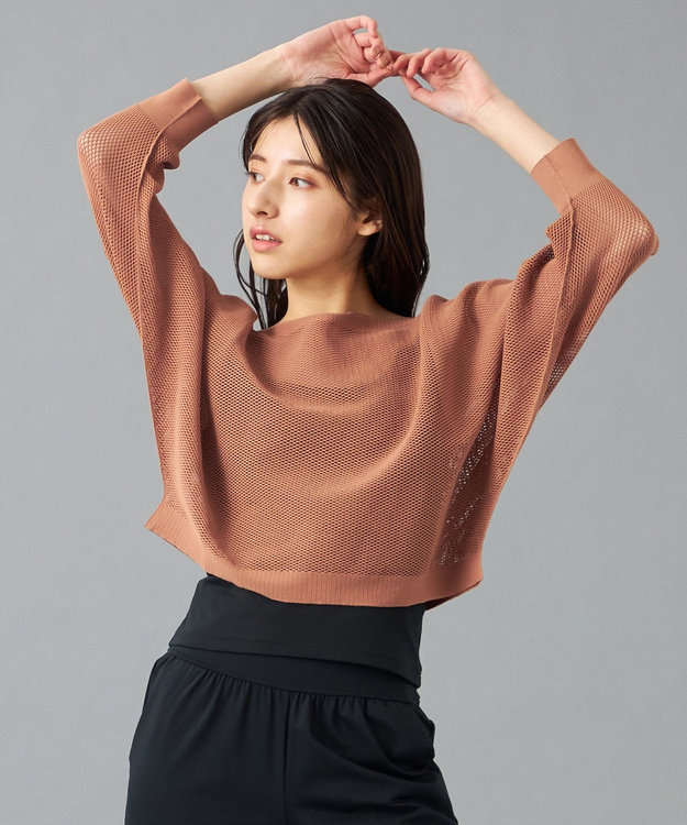 Chacott 【ノーソーイングニット】7分袖メッシュニットTシャツ キャメル