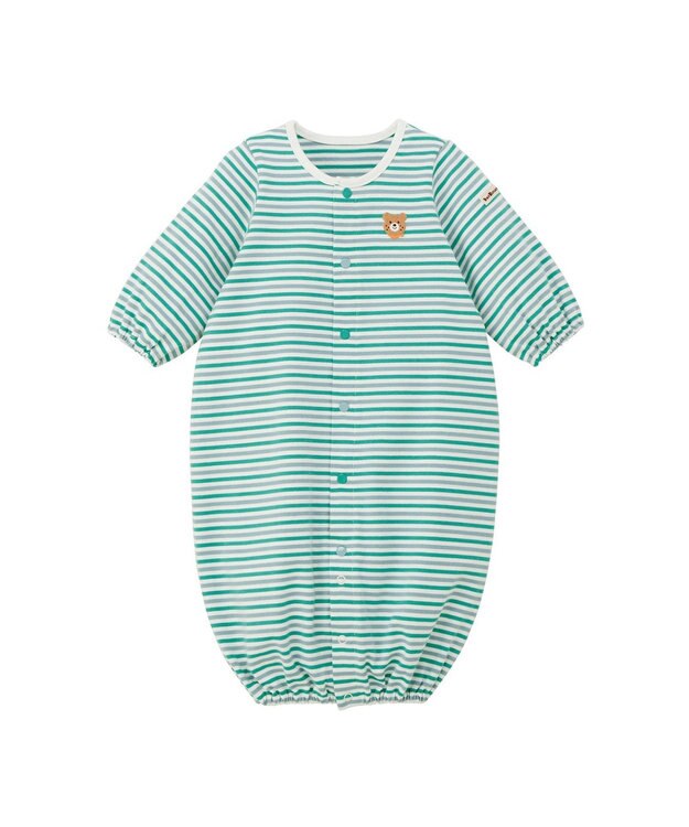 MIKI HOUSE HOT BISCUITS 【50-60cm】 みじんボーダー ワンポイント刺繍 ツーウェイオール グリーン