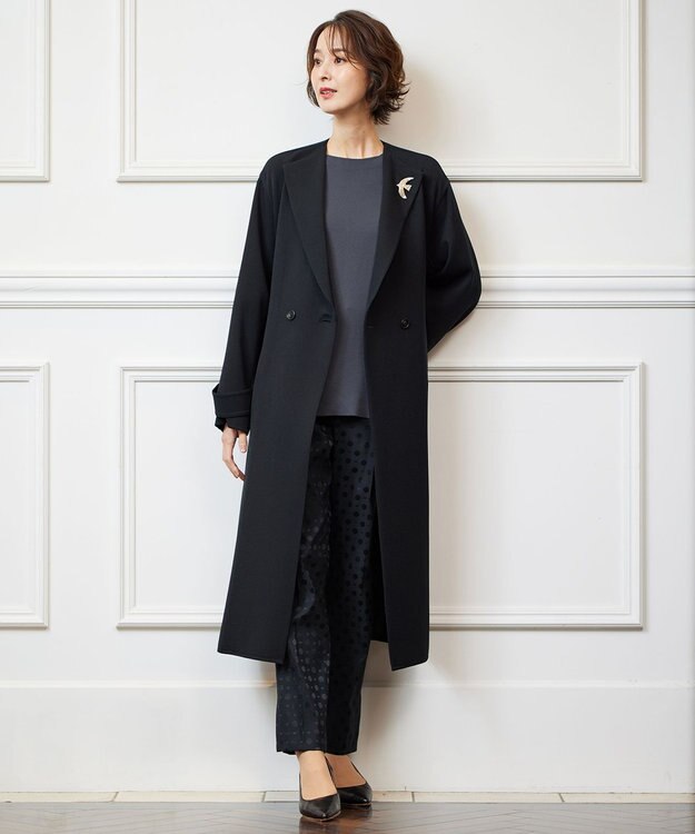 自由区 【洗える】ライトダブルクロス ノーカラーコート ネイビー