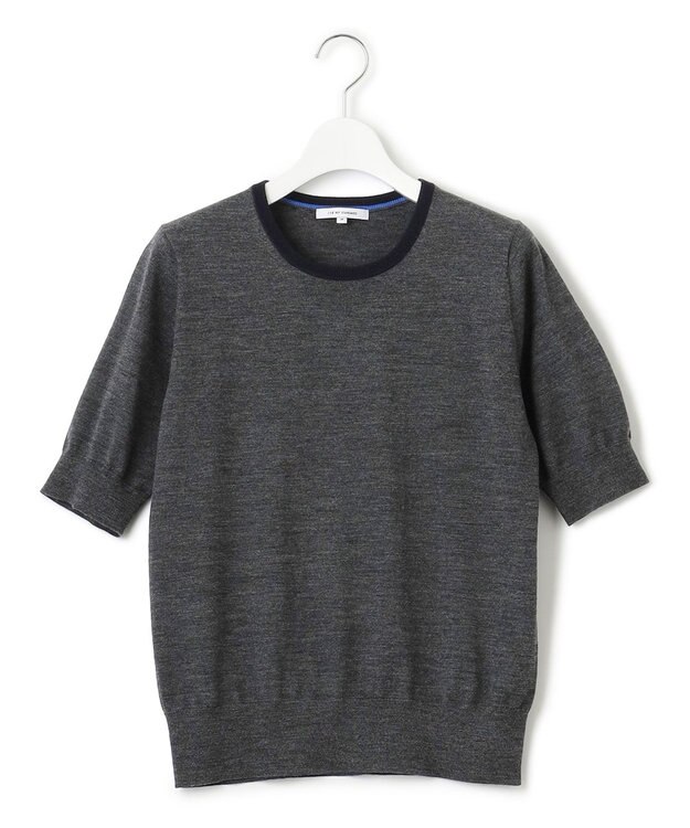 23区 【洗える/アンサンブル対応】サステナブルウール 半袖バイカラー ニット チャコールベース