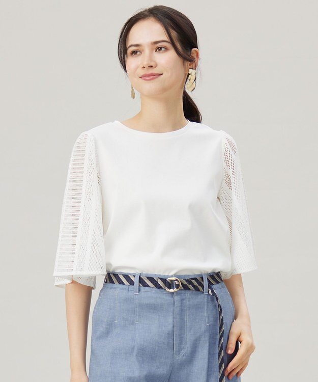 自由区 【洗える】レースエッジフレアスリーブ トップス オフ