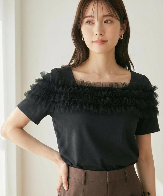 Feroux 【洗える・汗ジミが目立たない】デコルテチュール カットソー ブラック系