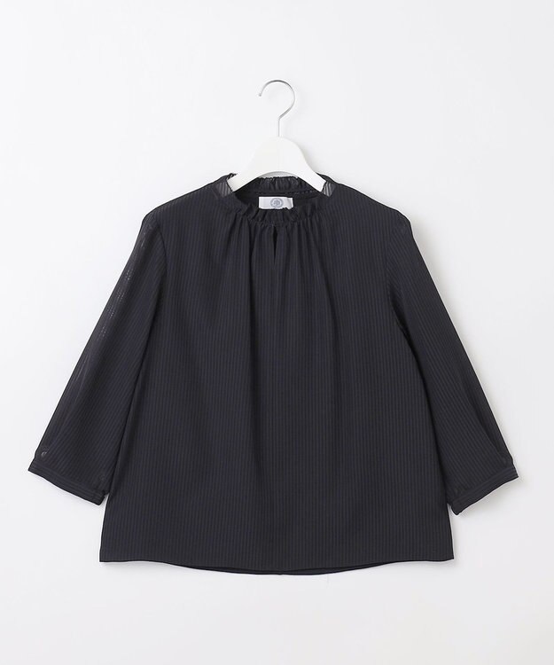 J.PRESS LADIES シャドーストライプ スリットフリルネック カットソー ネイビー系