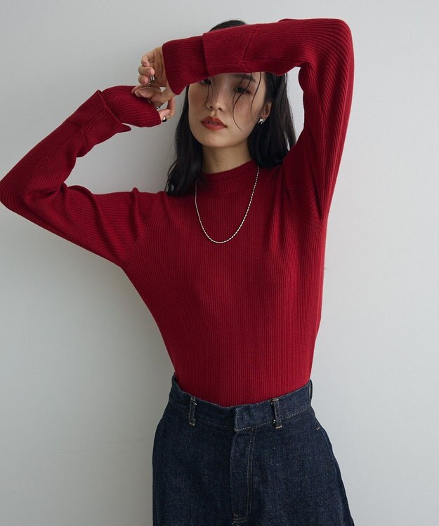 Green Parks ダブルカフスモックネック配色ニット Red