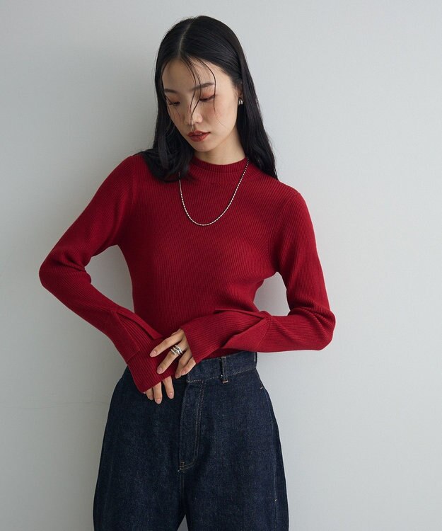 Green Parks ダブルカフスモックネック配色ニット Red