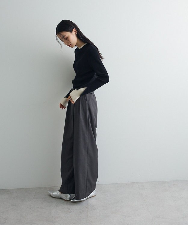 Green Parks ダブルカフスモックネック配色ニット Black