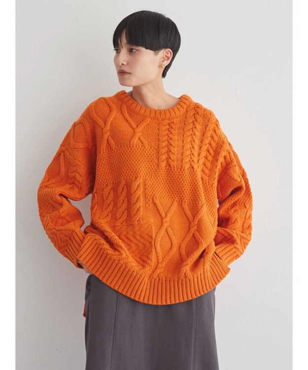 AMERICAN HOLIC パッチワークケーブルニットプルオーバー Orange