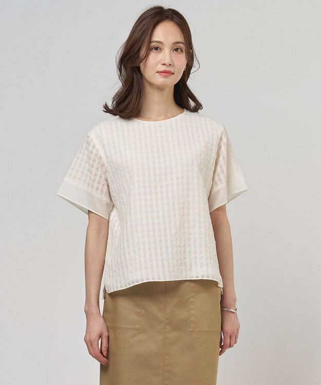 J.PRESS LADIES 【一枚で着映え】シアーギンガム クルーネック カットソー エクリュ系