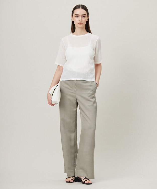 ICB 【洗える】 シャイニーサッカー クロップドトップス オフホワイト系