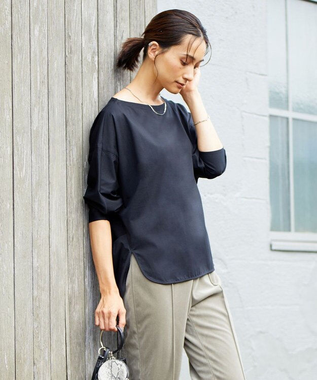 ICB 【洗える】タイプライタージャージー 8分袖ドルマンスリーブカットソー ブラック系