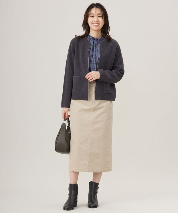 J.PRESS LADIES L プロビスストライプチェック フリルネック カットソー ブルーチェック系