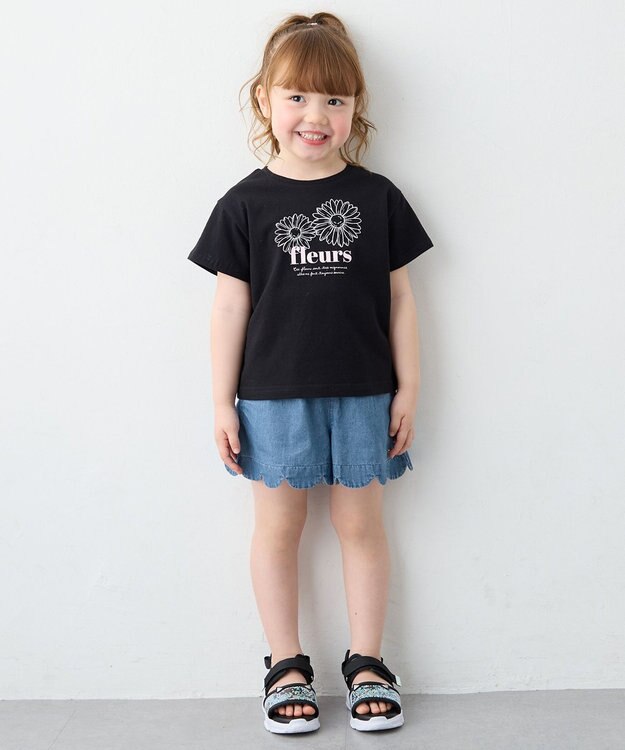 ANY KIDS 【一部店舗/WEB限定】【綿100%】プリント 半袖Tシャツ ブラック×花