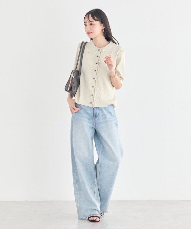 earth music&ecology ミニフリルポロカーディガン Ecru