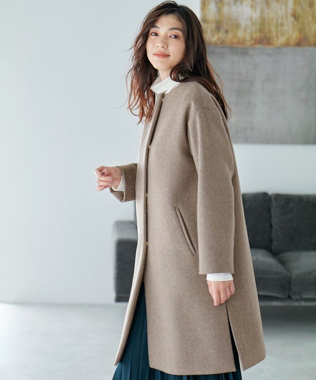 ANY 【防風裏地】ウールブレンドノーカラーコート モカ
