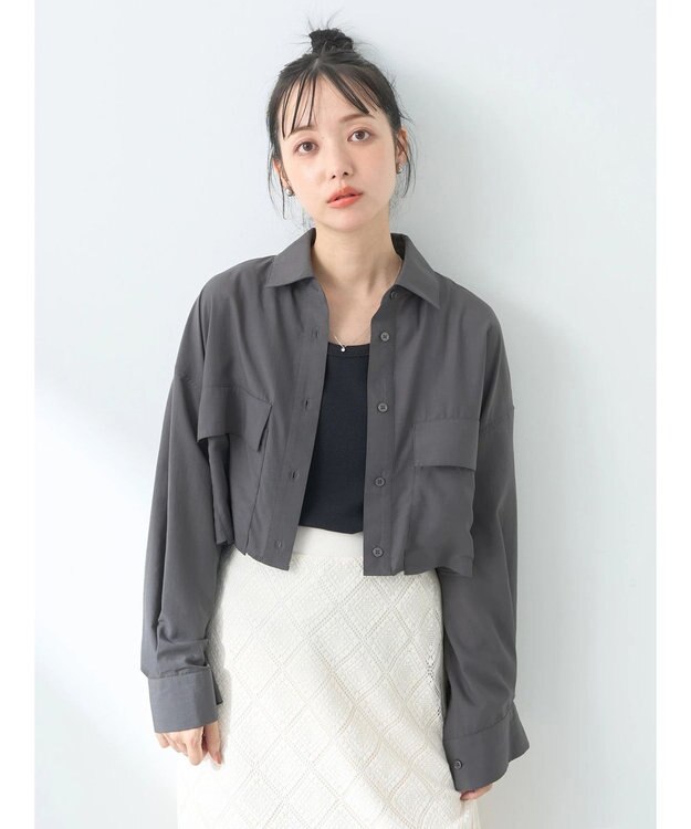 earth music&ecology ビッグポケットショートシャツ Charcoal Gray