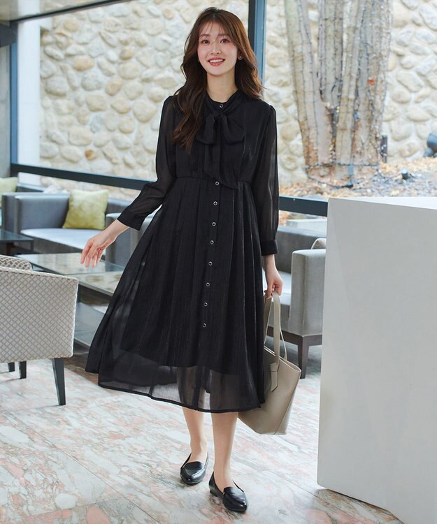 Tiaclasse L 【2WAY取り外しリボン付き】リボンタイラメシフォンワンピース ブラック