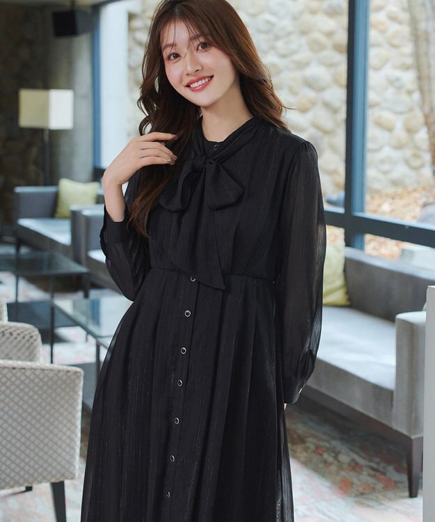 Tiaclasse L 【2WAY取り外しリボン付き】リボンタイラメシフォンワンピース ブラック