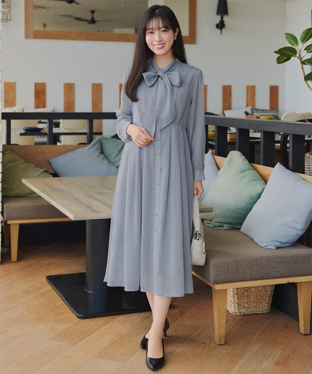 Tiaclasse L 【2WAY取り外しリボン付き】リボンタイラメシフォンワンピース サックス