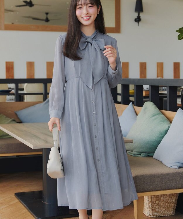 Tiaclasse L 【2WAY取り外しリボン付き】リボンタイラメシフォンワンピース サックス