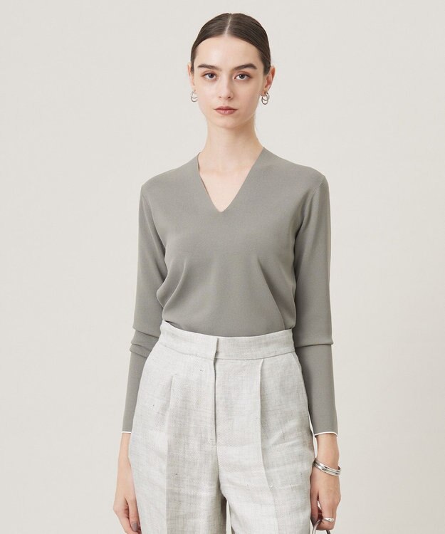 ICB 【洗える】 シンセティックフルニードル Vネックプルオーバー カーキ系