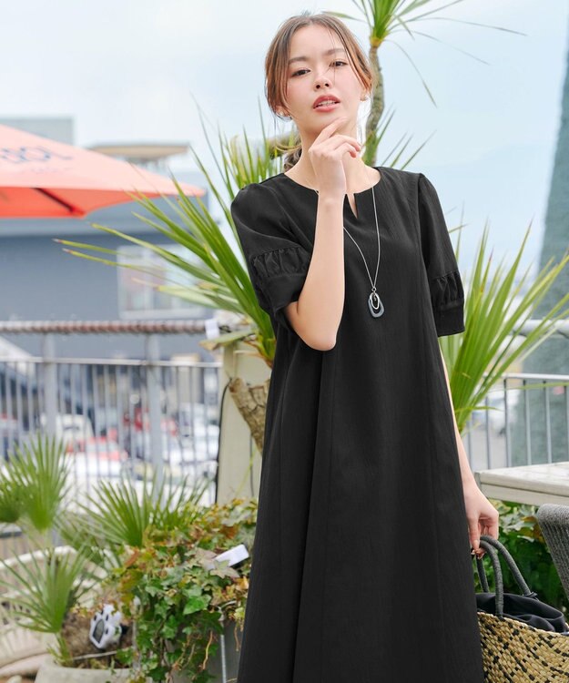 Tiaclasse L 【洗える】ギャザーランタンスリーブワンピース ブラック