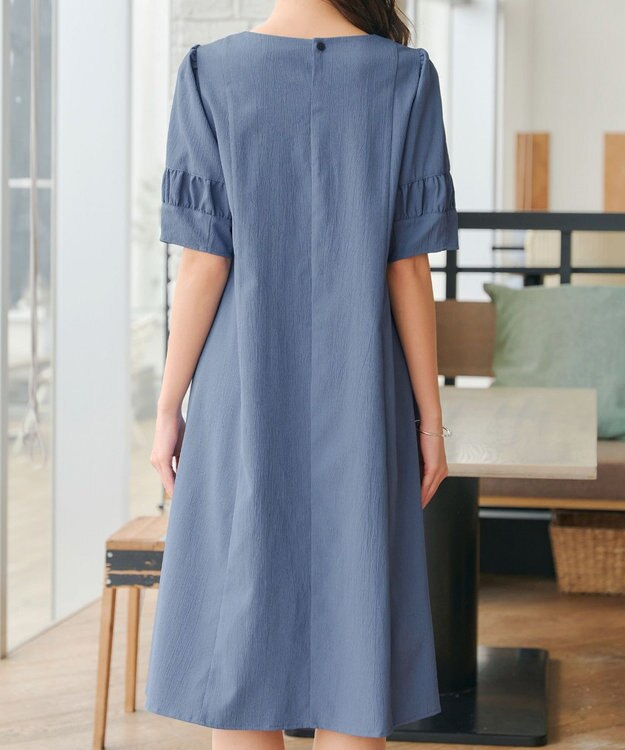 Tiaclasse L 【洗える】ギャザーランタンスリーブワンピース ブルー