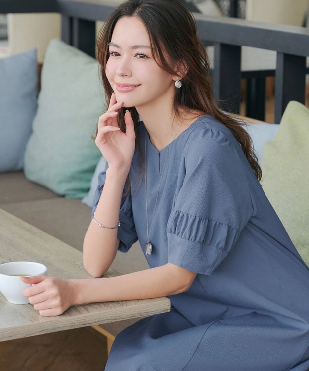 Tiaclasse L 【洗える】ギャザーランタンスリーブワンピース ブルー