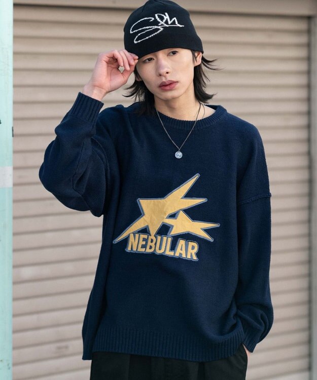 WEGO サテンワッペンニットプルオーバー ネイビー