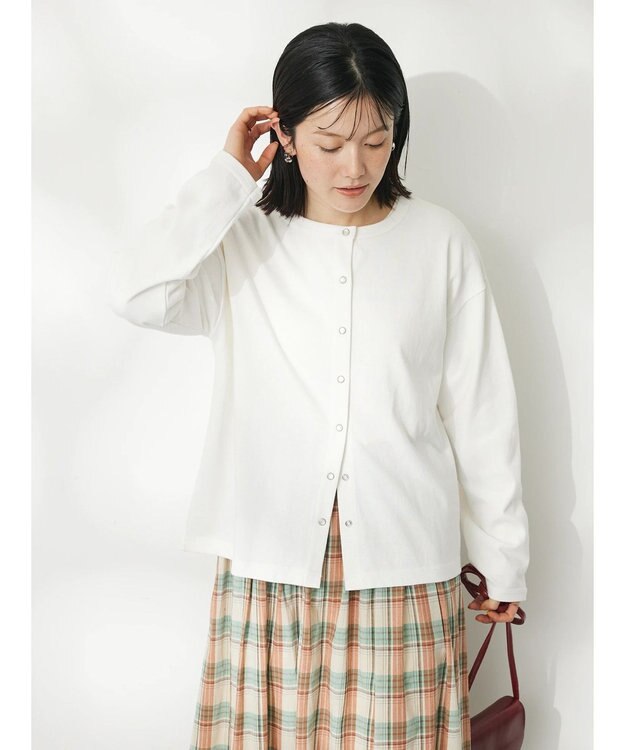 CRAFT STANDARD BOUTIQUE ウ゛ィンテージ風天竺　パール釦クルーカーデＬ／Ｓ Off White