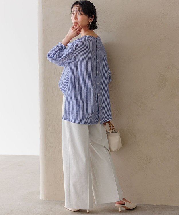 23区 【洗える】LIBECO ベルト付き ブラウス ブルーストライプ