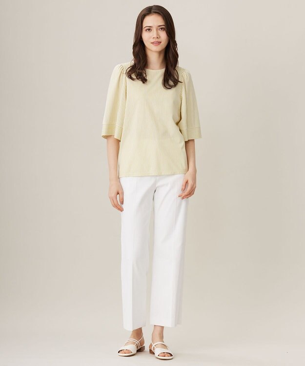 自由区 【洗える】リヨセルコットンストライプ カットソー オフ×ピスタチオ