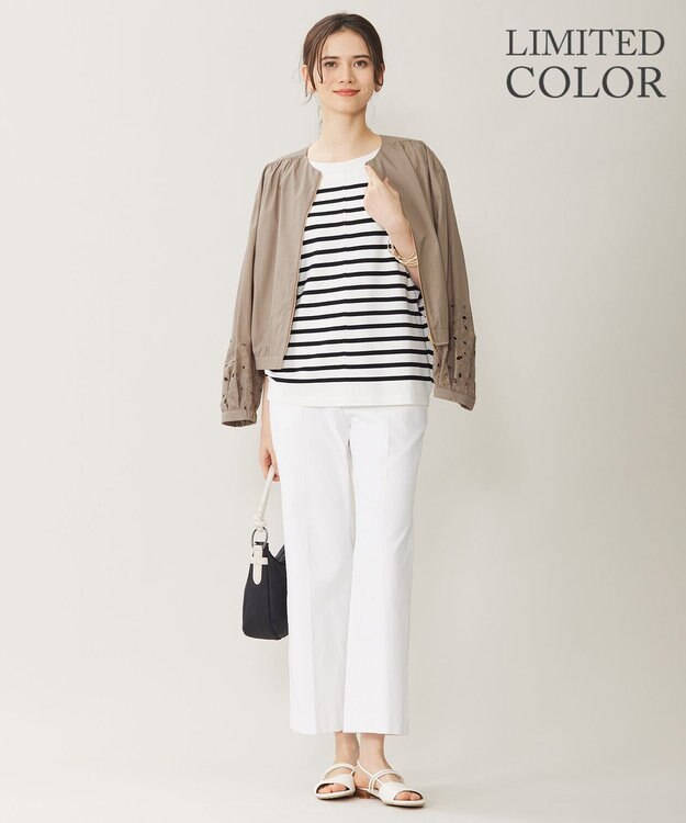 自由区 【WEB限定カラーあり・接触冷感・UVカット】クレープストレッチドルマン ニット [WEB限定]オフ×ブラックボーダー