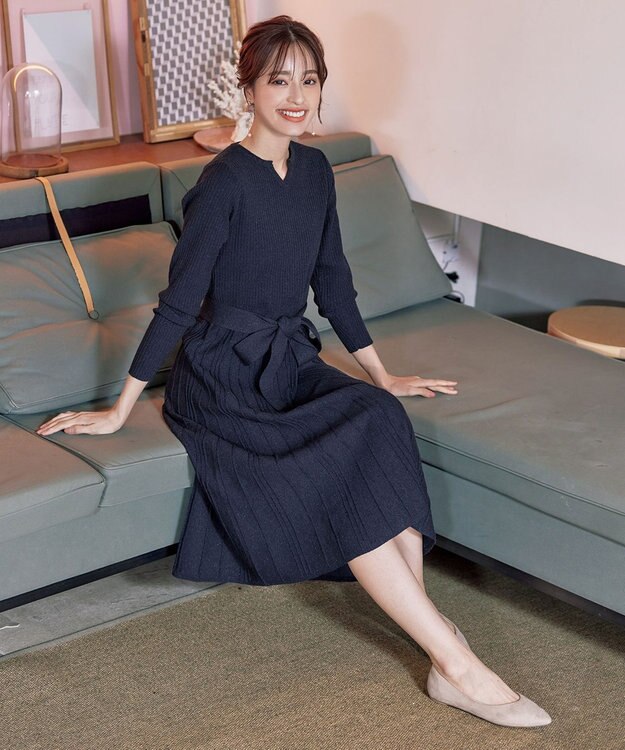 Tiaclasse 【洗える】プリーツ編みラメニットフレアワンピース ネイビー