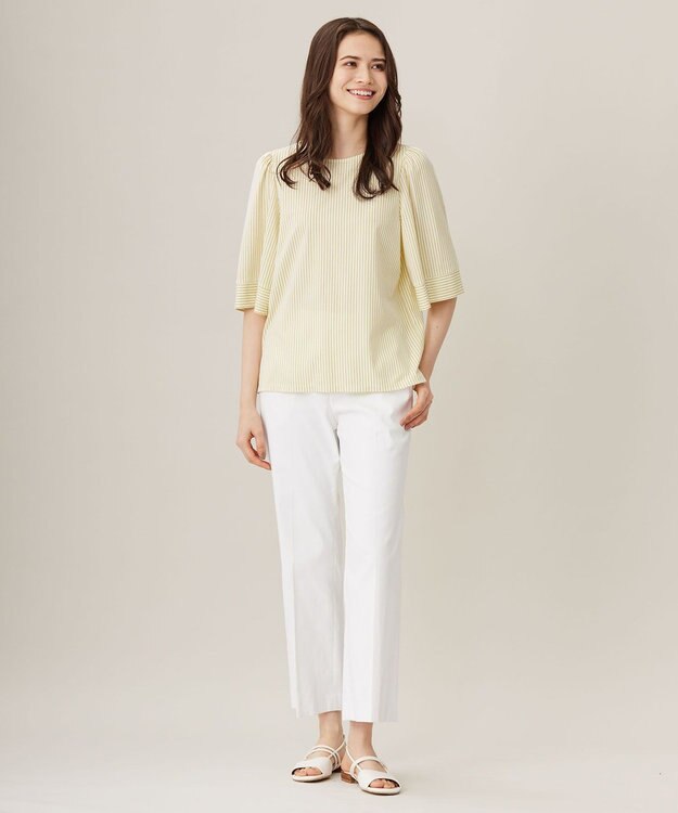 自由区 【洗える】リヨセルコットンストライプ カットソー オフ×ピスタチオ