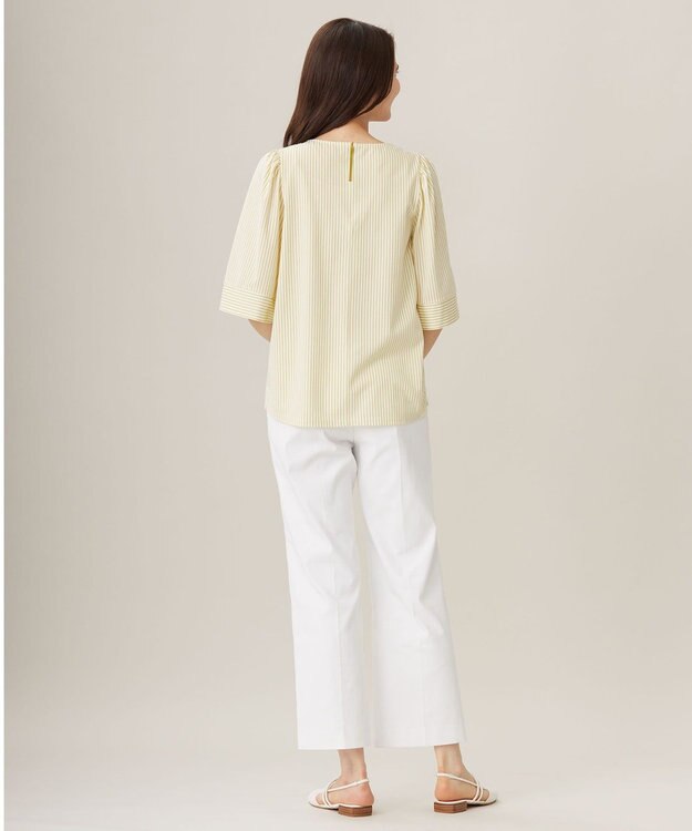 自由区 【洗える】リヨセルコットンストライプ カットソー オフ×ピスタチオ