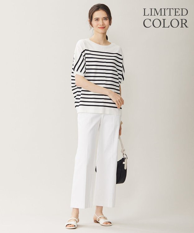 自由区 【WEB限定カラーあり・接触冷感・UVカット】クレープストレッチドルマン ニット [WEB限定]オフ×ブラックボーダー