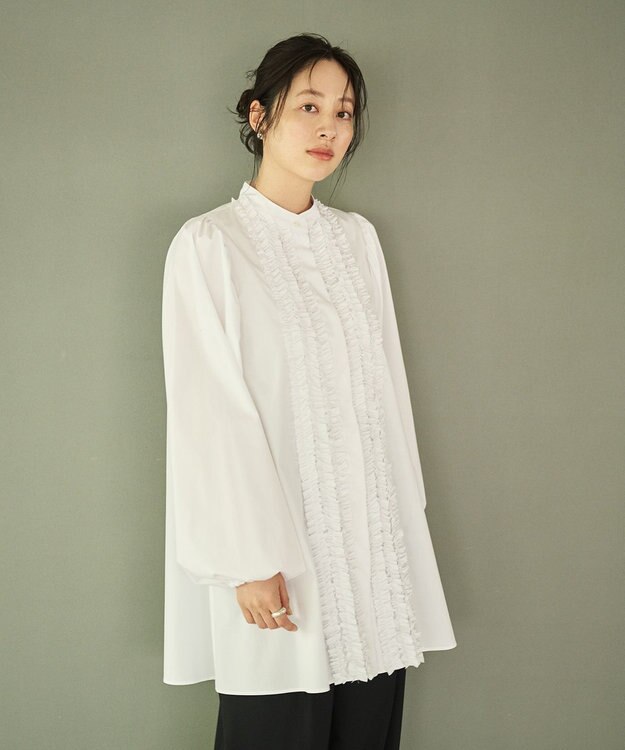 #Newans 【シワになりにくい/洗濯機可能】ロングフリルチュニック ホワイト