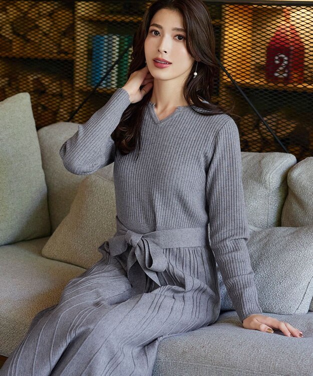 Tiaclasse 【洗える】プリーツ編みラメニットフレアワンピース グレー