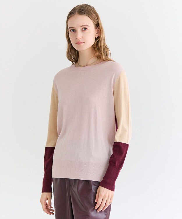BEIGE， CHLOR / ウールシルク配色クルーネックニット Pink