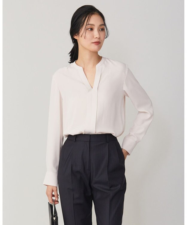 ICB 【人気のため新柄追加・洗える】Back Satin Amunzen キーネック長袖ブラウス ピンク系