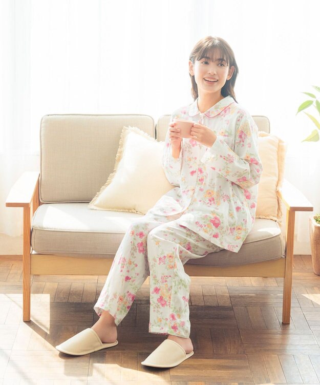 Wing パジャマ 長袖 長ズボン 綿100％ 二重ガーゼ素材 レディース EP7033 ウイング／ワコール ホワイト