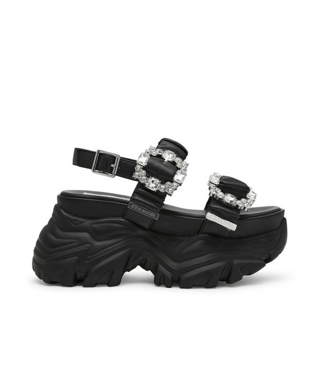 STEVE MADDEN VOLTAIRE ビジューバックル厚底サンダル ブラックブラック