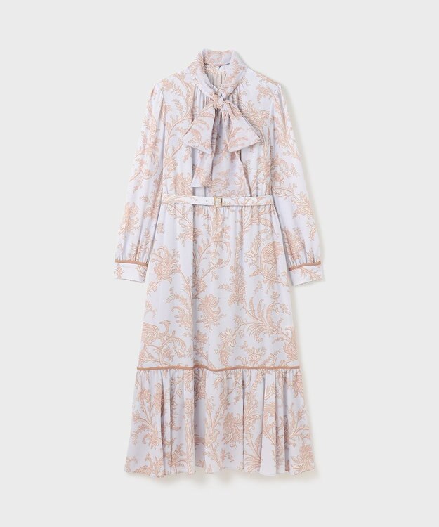 GRACE CONTINENTAL サラサプリントリボン付ワンピース ベージュ